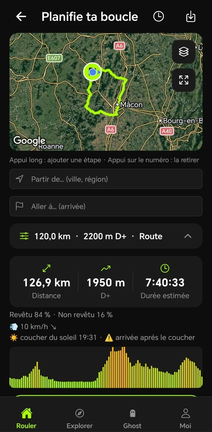 Planifie ta boucle : 126,9 km et 1 950 m de dénivelé